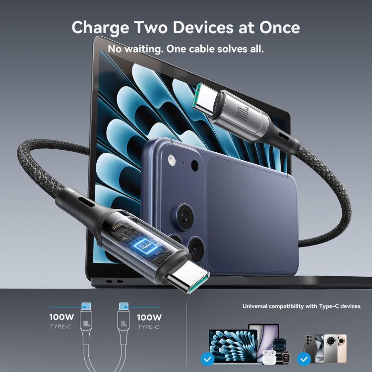 JOYROOM S-A57 RapidX Series 100W 2-in-1 USB-C / Type-C to USB-C / Type-C, USB-C / Type-C Fast Charging Data Cable, Length:1.5m - Dark Gray