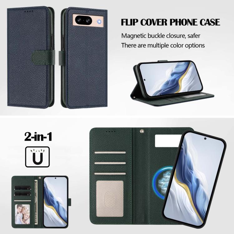For Google Pixel 8 Detachable Litchi Texture Magnetic Side-Patch Vegan Leather Phone Case