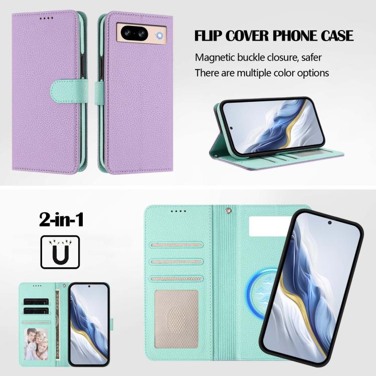 For Google Pixel 8 Detachable Litchi Texture Magnetic Side-Patch Vegan Leather Phone Case