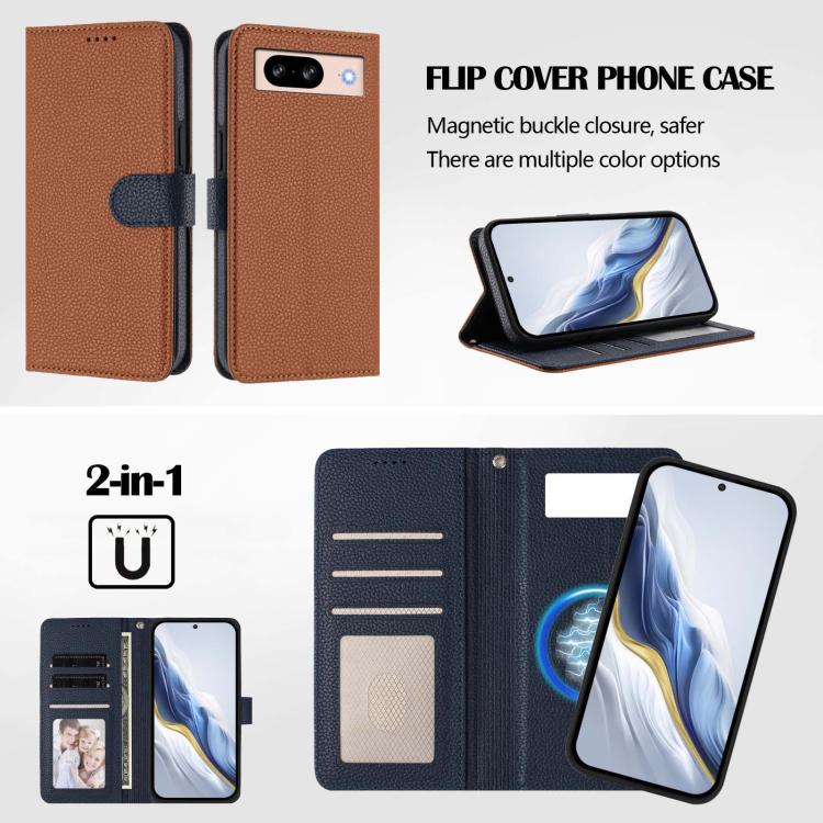 For Google Pixel 8 Detachable Litchi Texture Magnetic Side-Patch Vegan Leather Phone Case
