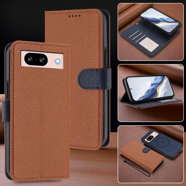 For Google Pixel 8 Detachable Litchi Texture Magnetic Side-Patch Vegan Leather Phone Case