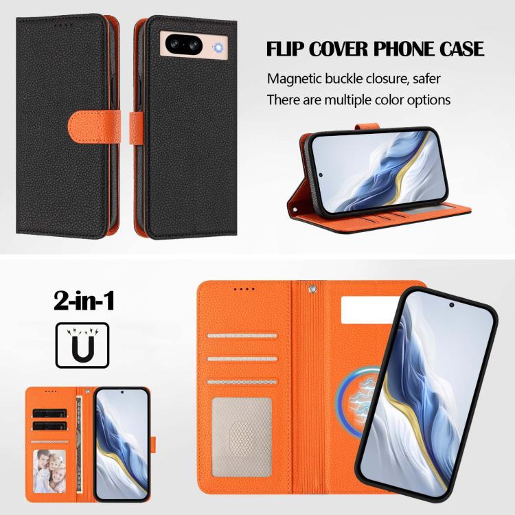 For Google Pixel 8 Pro Detachable Litchi Texture Magnetic Side-Patch Vegan Leather Phone Case