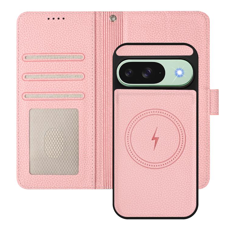For Google Pixel 9 / 9 Pro Detachable Litchi Texture Magnetic Side-Patch Vegan Leather Phone Case
