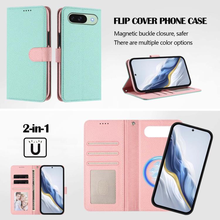For Google Pixel 9 / 9 Pro Detachable Litchi Texture Magnetic Side-Patch Vegan Leather Phone Case
