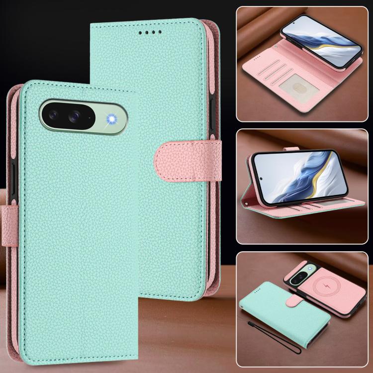 For Google Pixel 9 / 9 Pro Detachable Litchi Texture Magnetic Side-Patch Vegan Leather Phone Case