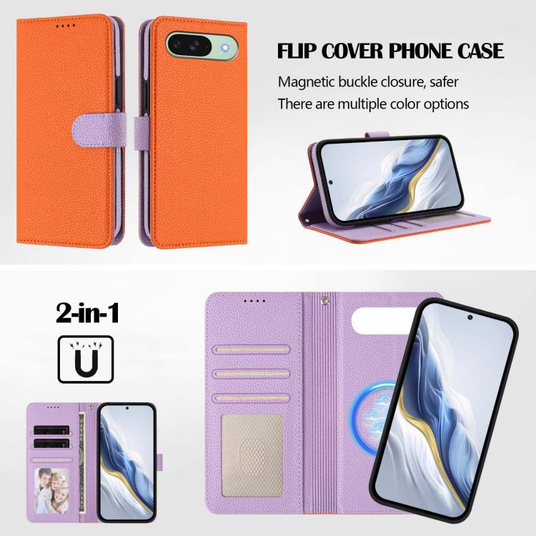 For Google Pixel 9 / 9 Pro Detachable Litchi Texture Magnetic Side-Patch Vegan Leather Phone Case