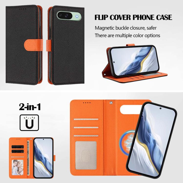 For Google Pixel 9 / 9 Pro Detachable Litchi Texture Magnetic Side-Patch Vegan Leather Phone Case