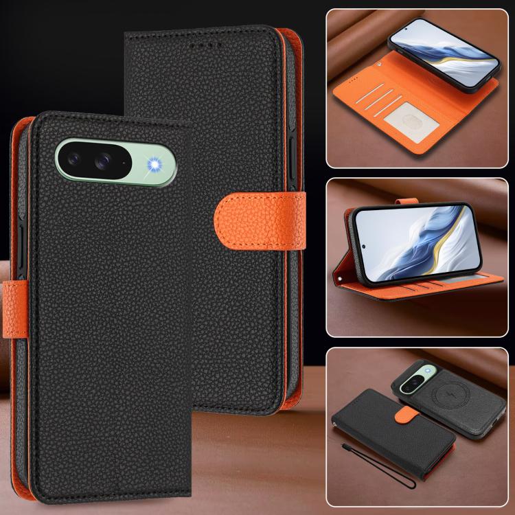 For Google Pixel 9 / 9 Pro Detachable Litchi Texture Magnetic Side-Patch Vegan Leather Phone Case