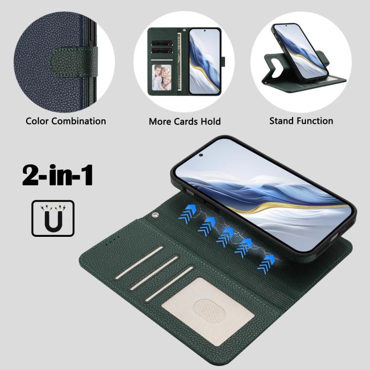 For Google Pixel 9 / 9 Pro Detachable Litchi Texture Magnetic Side-Patch Vegan Leather Phone Case