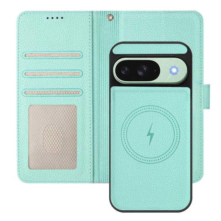 For Google Pixel 9 / 9 Pro Detachable Litchi Texture Magnetic Side-Patch Vegan Leather Phone Case