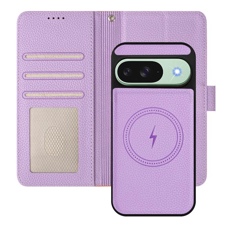 For Google Pixel 9 Pro XL Detachable Litchi Texture Magnetic Side-Patch Vegan Leather Phone Case