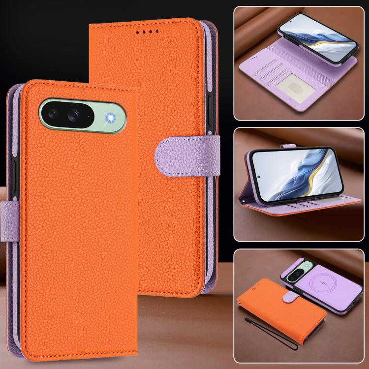 For Google Pixel 9 Pro XL Detachable Litchi Texture Magnetic Side-Patch Vegan Leather Phone Case