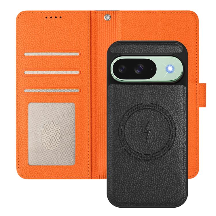 For Google Pixel 9 Pro XL Detachable Litchi Texture Magnetic Side-Patch Vegan Leather Phone Case