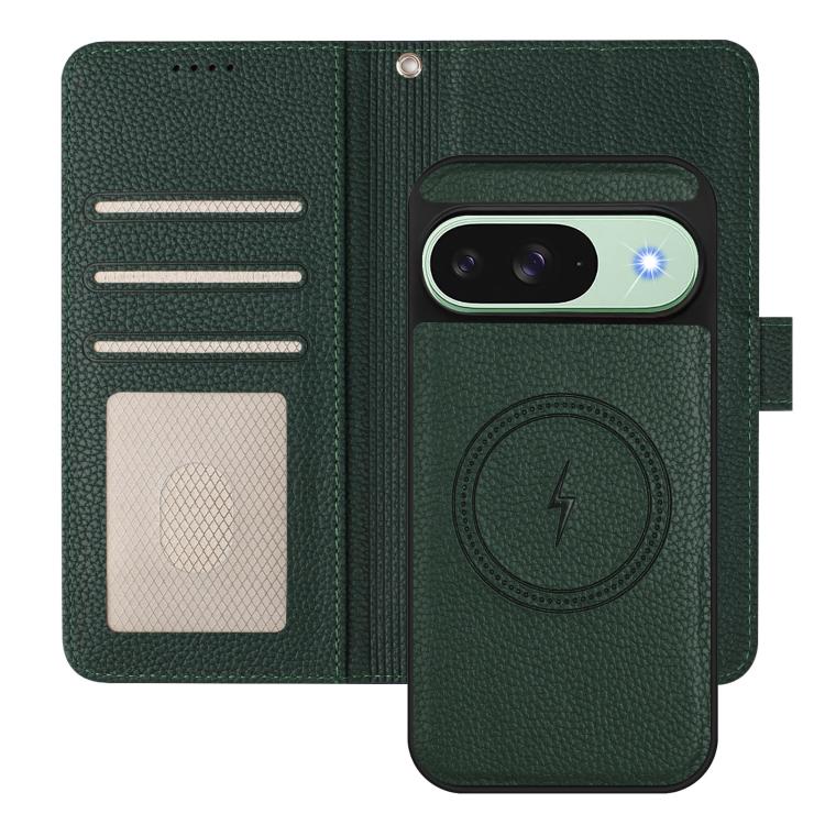 For Google Pixel 9 Pro XL Detachable Litchi Texture Magnetic Side-Patch Vegan Leather Phone Case