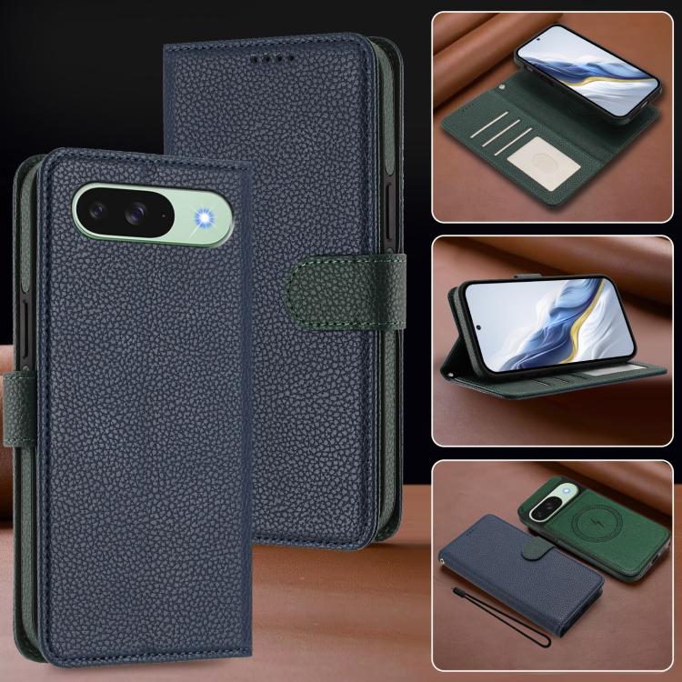 For Google Pixel 9 Pro XL Detachable Litchi Texture Magnetic Side-Patch Vegan Leather Phone Case