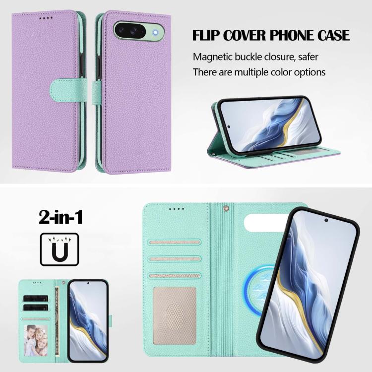 For Google Pixel 9 Pro XL Detachable Litchi Texture Magnetic Side-Patch Vegan Leather Phone Case