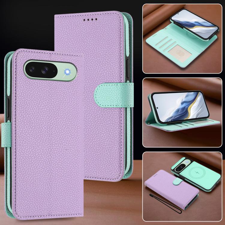 For Google Pixel 9 Pro XL Detachable Litchi Texture Magnetic Side-Patch Vegan Leather Phone Case