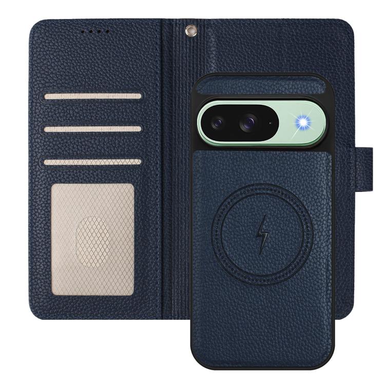 For Google Pixel 9 Pro XL Detachable Litchi Texture Magnetic Side-Patch Vegan Leather Phone Case