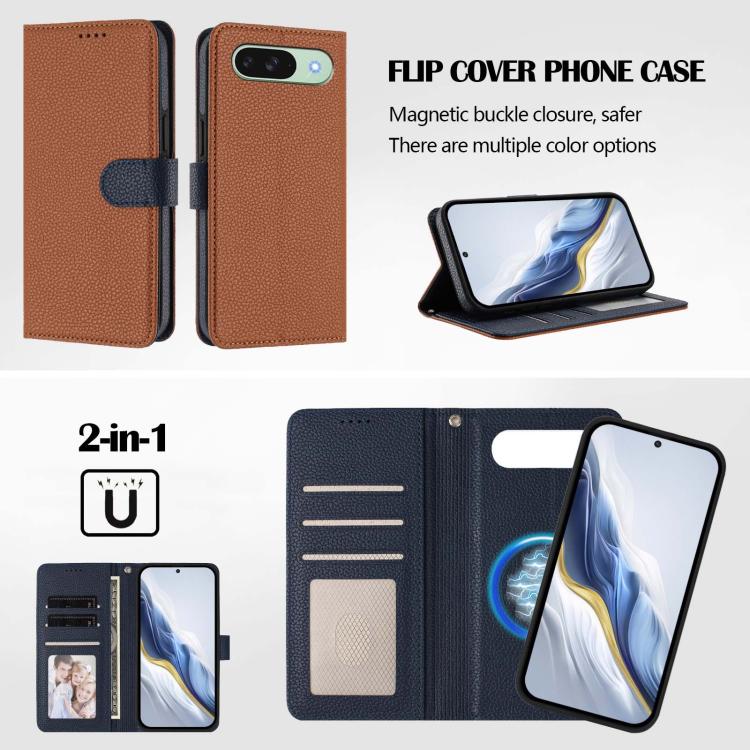 For Google Pixel 9 Pro XL Detachable Litchi Texture Magnetic Side-Patch Vegan Leather Phone Case