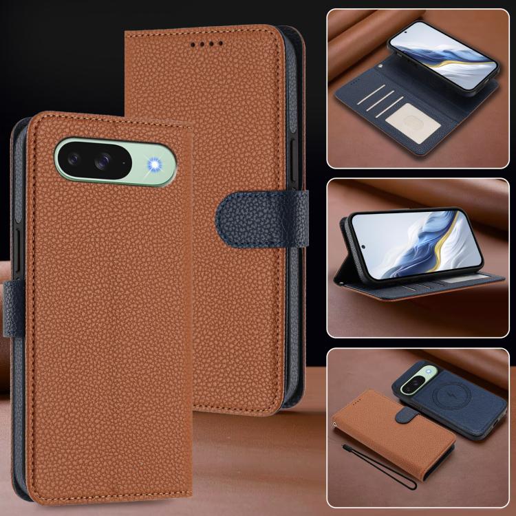For Google Pixel 9 Pro XL Detachable Litchi Texture Magnetic Side-Patch Vegan Leather Phone Case