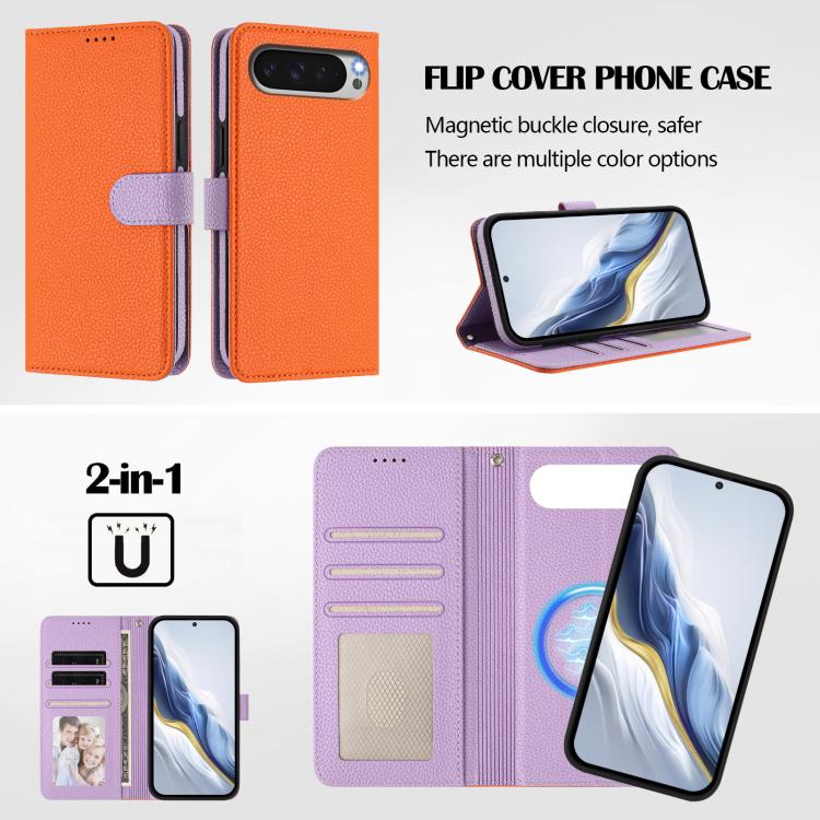 For Google Pixel 10 Pro XL Detachable Litchi Texture Magnetic Side-Patch Vegan Leather Phone Case