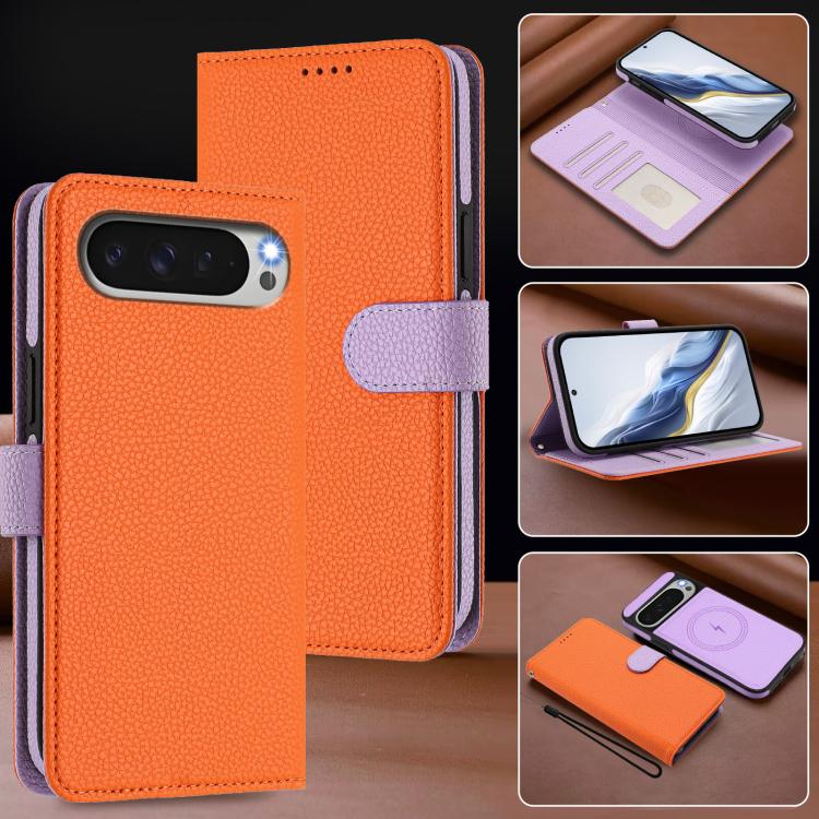 For Google Pixel 10 Pro XL Detachable Litchi Texture Magnetic Side-Patch Vegan Leather Phone Case
