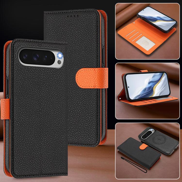 For Google Pixel 10 Pro XL Detachable Litchi Texture Magnetic Side-Patch Vegan Leather Phone Case
