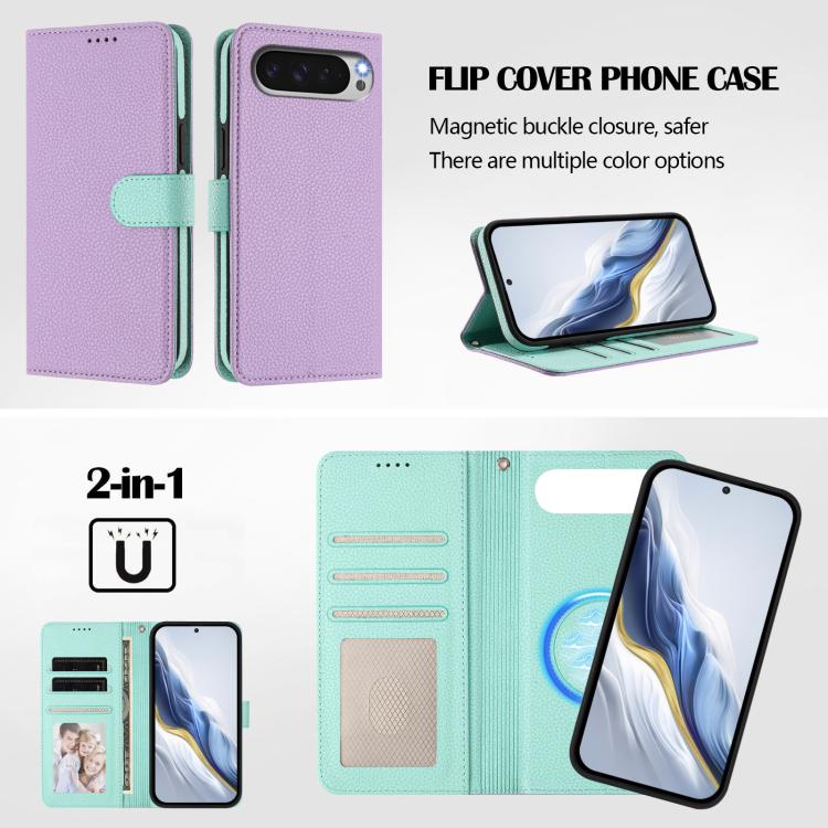 For Google Pixel 10 Pro XL Detachable Litchi Texture Magnetic Side-Patch Vegan Leather Phone Case