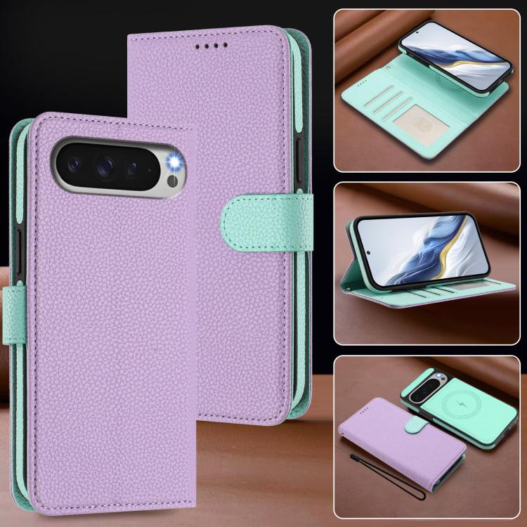 For Google Pixel 10 Pro XL Detachable Litchi Texture Magnetic Side-Patch Vegan Leather Phone Case
