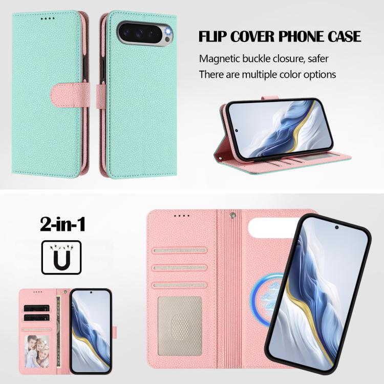 For Google Pixel 10 / 10 Pro Detachable Litchi Texture Magnetic Side-Patch Vegan Leather Phone Case
