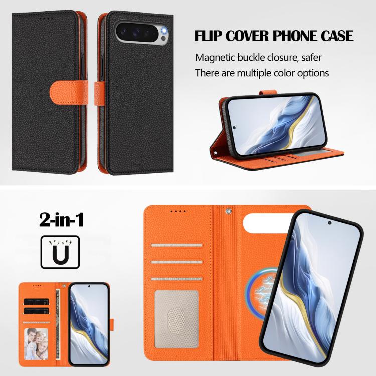 For Google Pixel 10 / 10 Pro Detachable Litchi Texture Magnetic Side-Patch Vegan Leather Phone Case
