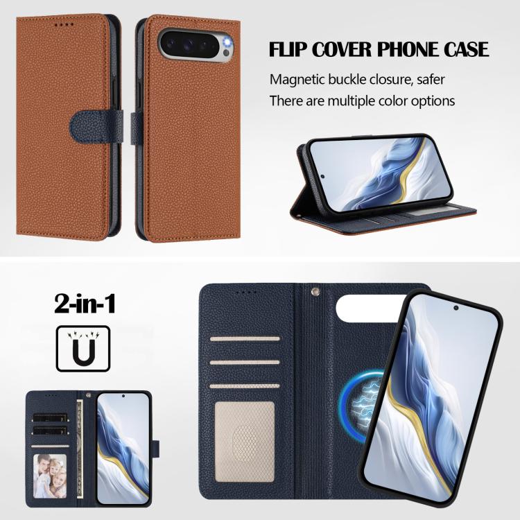 For Google Pixel 10 / 10 Pro Detachable Litchi Texture Magnetic Side-Patch Vegan Leather Phone Case