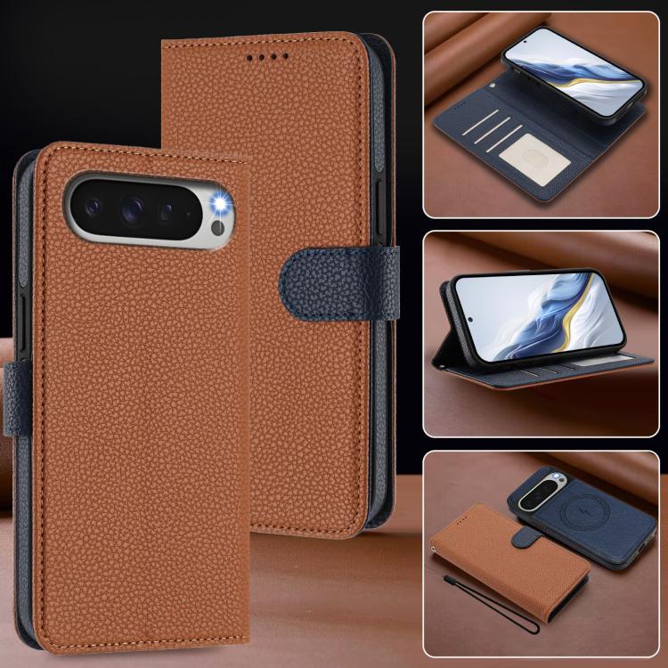 For Google Pixel 10 / 10 Pro Detachable Litchi Texture Magnetic Side-Patch Vegan Leather Phone Case
