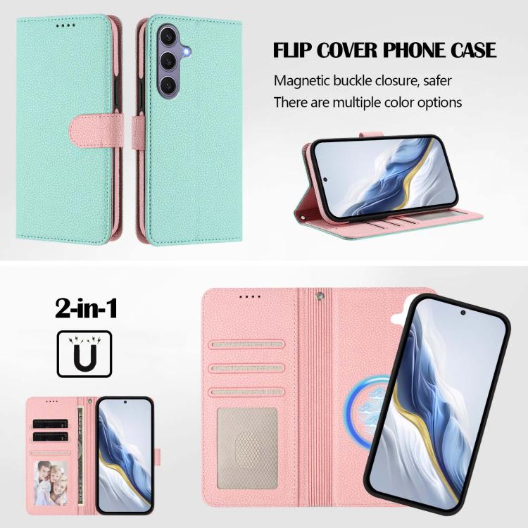 For Samsung Galaxy S25 5G Detachable Litchi Texture Magnetic Side-Patch Vegan Leather Phone Case