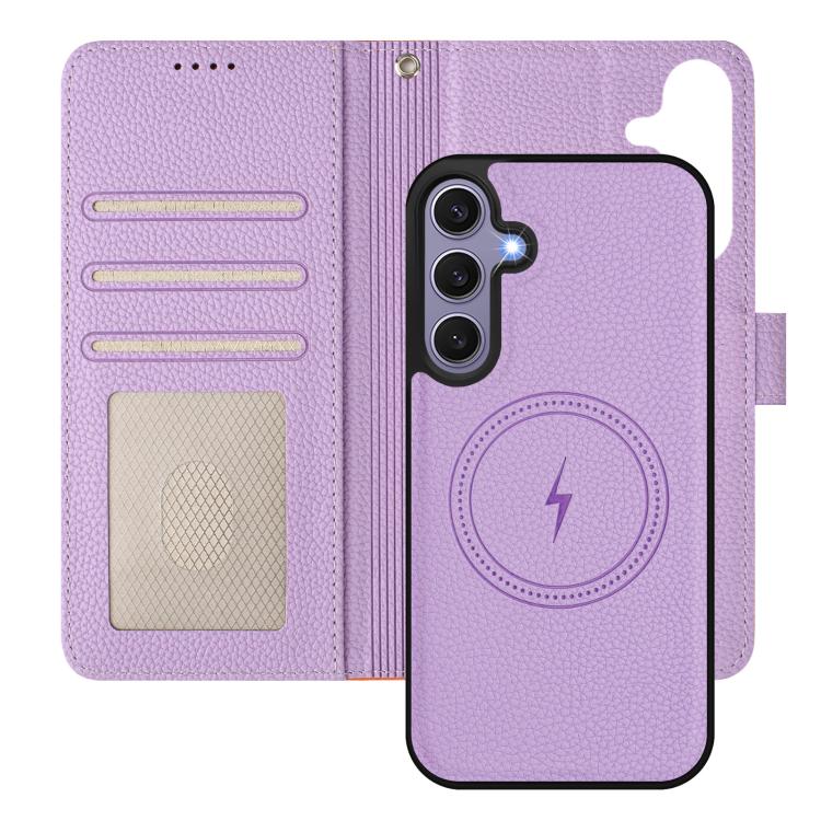For Samsung Galaxy S25 5G Detachable Litchi Texture Magnetic Side-Patch Vegan Leather Phone Case