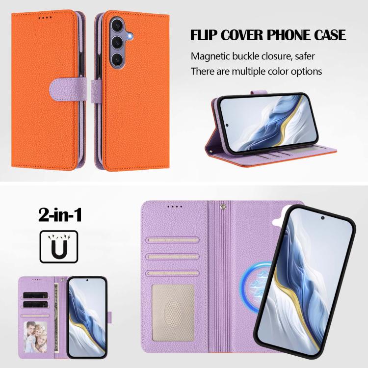 For Samsung Galaxy S25 5G Detachable Litchi Texture Magnetic Side-Patch Vegan Leather Phone Case