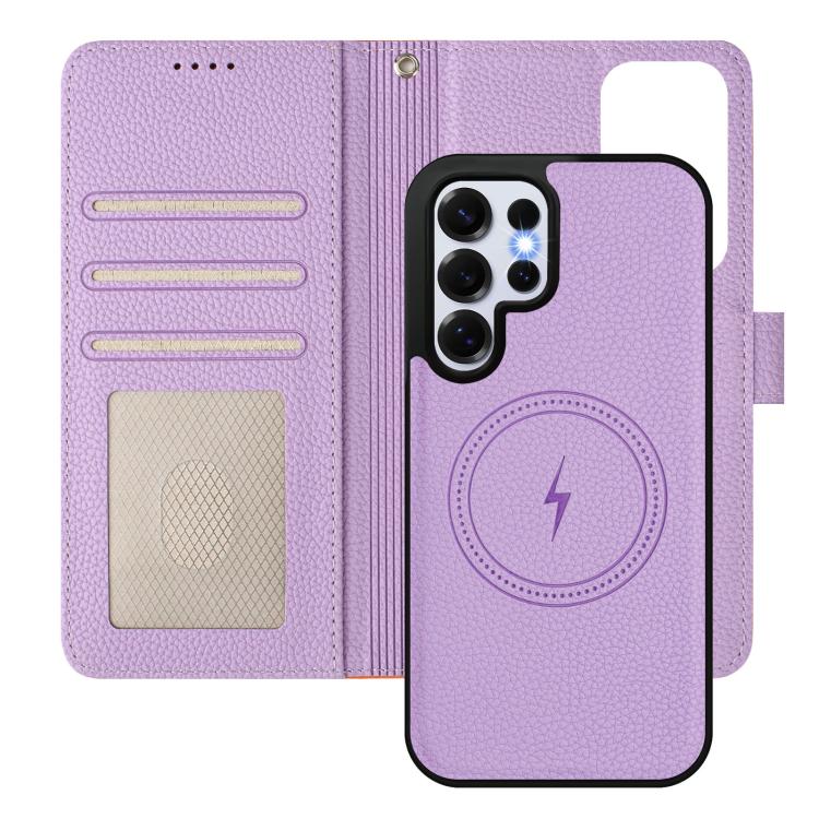 For Samsung Galaxy S25 Ultra 5G Detachable Litchi Texture Magnetic Side-Patch Vegan Leather Phone Case