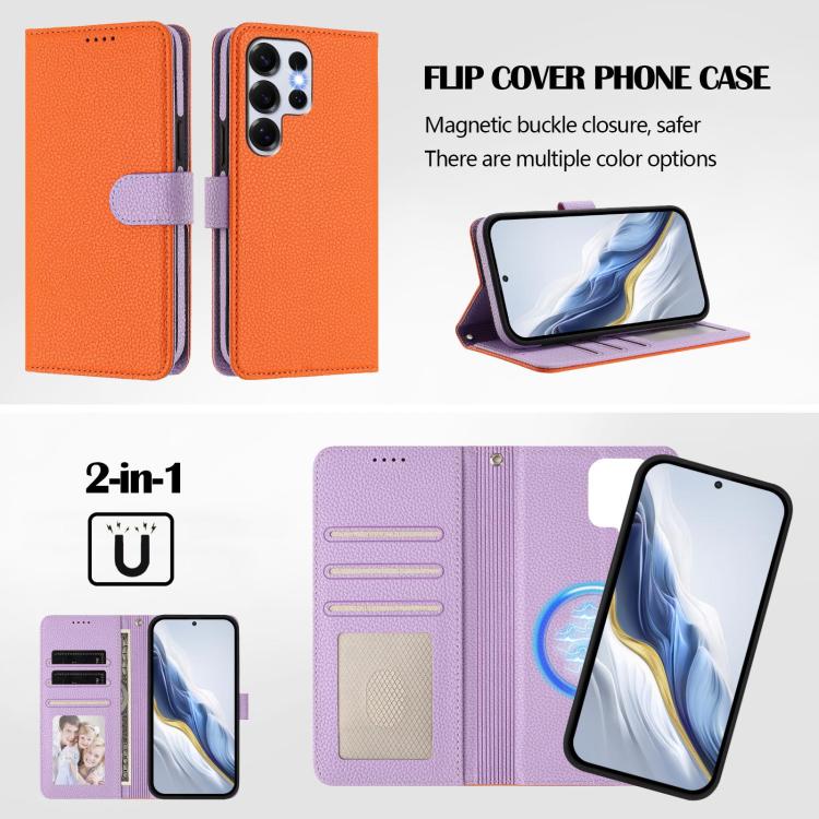 For Samsung Galaxy S25 Ultra 5G Detachable Litchi Texture Magnetic Side-Patch Vegan Leather Phone Case