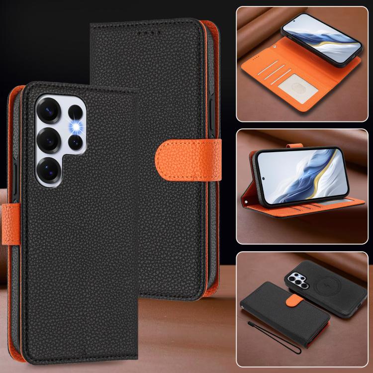For Samsung Galaxy S25 Ultra 5G Detachable Litchi Texture Magnetic Side-Patch Vegan Leather Phone Case