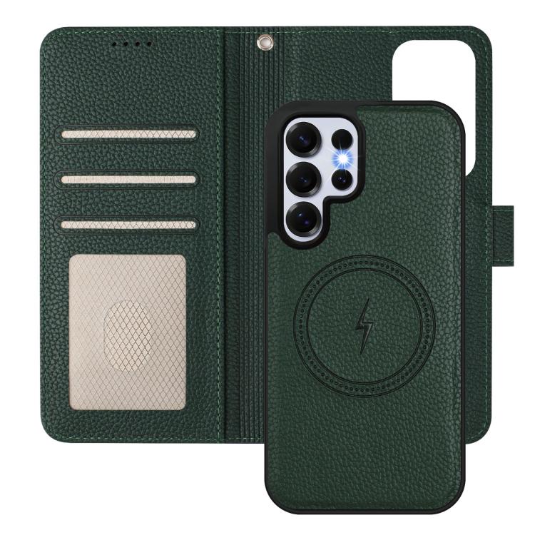 For Samsung Galaxy S25 Ultra 5G Detachable Litchi Texture Magnetic Side-Patch Vegan Leather Phone Case