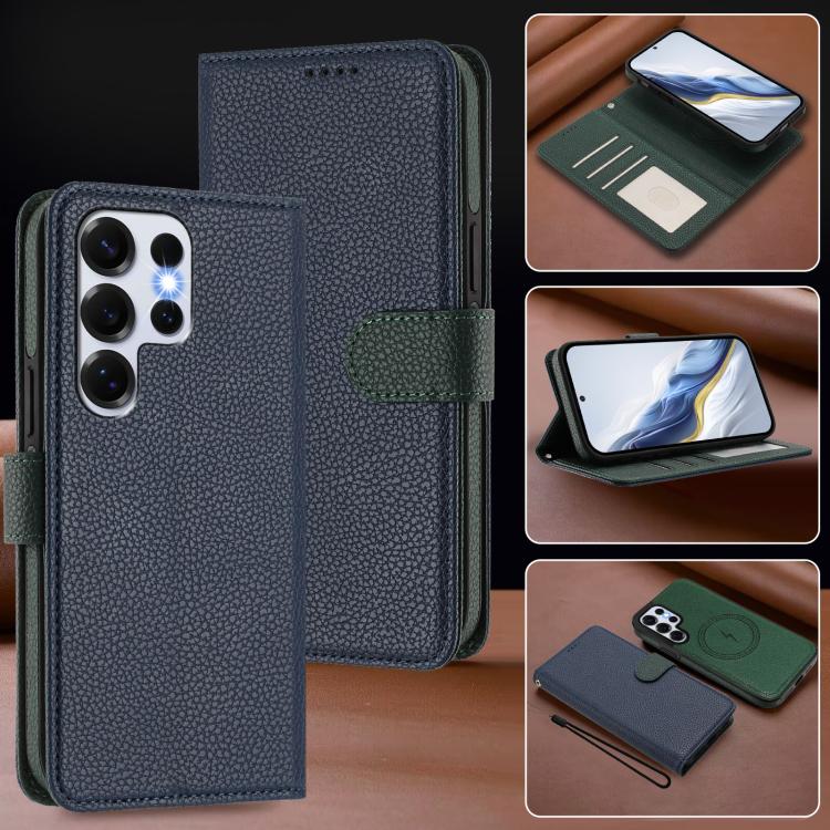 For Samsung Galaxy S25 Ultra 5G Detachable Litchi Texture Magnetic Side-Patch Vegan Leather Phone Case