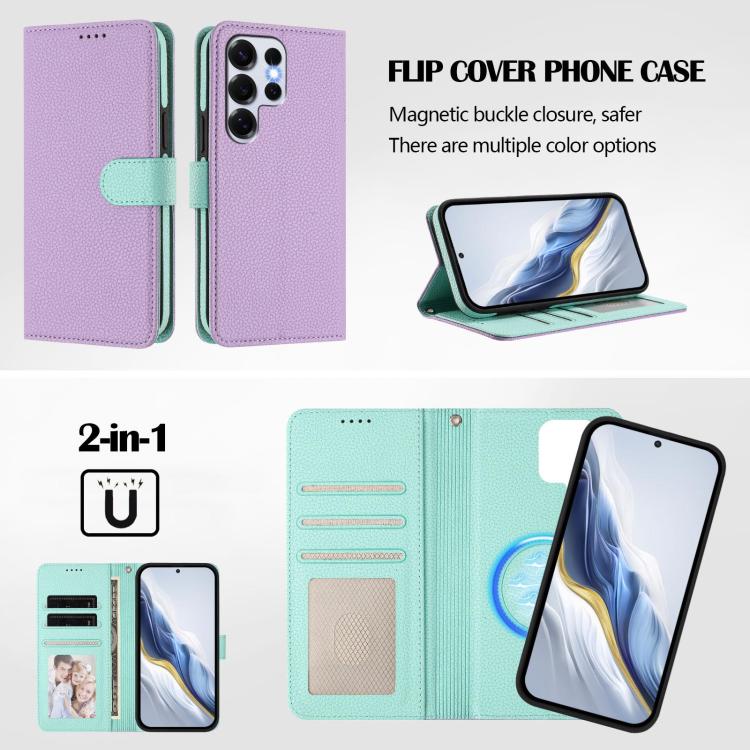 For Samsung Galaxy S25 Ultra 5G Detachable Litchi Texture Magnetic Side-Patch Vegan Leather Phone Case
