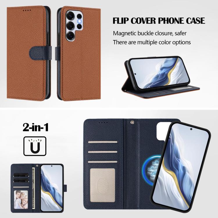 For Samsung Galaxy S25 Ultra 5G Detachable Litchi Texture Magnetic Side-Patch Vegan Leather Phone Case