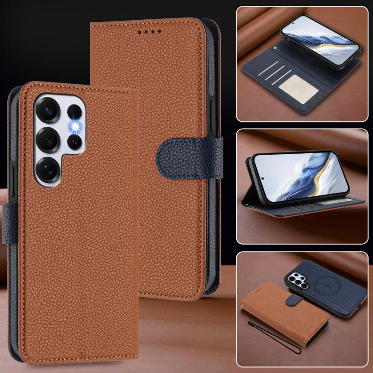 For Samsung Galaxy S25 Ultra 5G Detachable Litchi Texture Magnetic Side-Patch Vegan Leather Phone Case