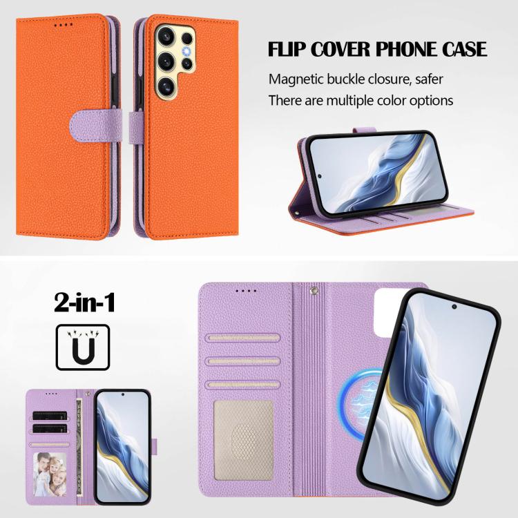 For Samsung Galaxy S24 Ultra 5G Detachable Litchi Texture Magnetic Side-Patch Vegan Leather Phone Case
