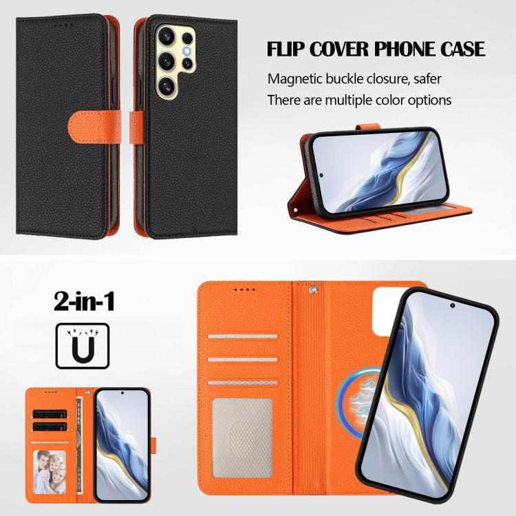 For Samsung Galaxy S24 Ultra 5G Detachable Litchi Texture Magnetic Side-Patch Vegan Leather Phone Case