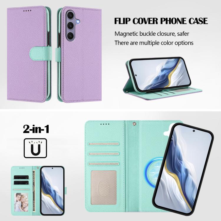 For Samsung Galaxy S23 FE 5G Detachable Litchi Texture Magnetic Side-Patch Vegan Leather Phone Case