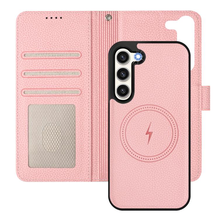 For Samsung Galaxy S23 5G Detachable Litchi Texture Magnetic Side-Patch Vegan Leather Phone Case