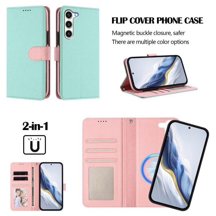 For Samsung Galaxy S23 5G Detachable Litchi Texture Magnetic Side-Patch Vegan Leather Phone Case