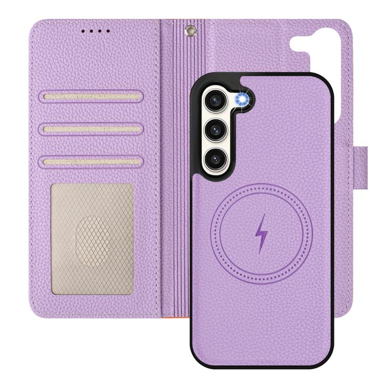 For Samsung Galaxy S23 5G Detachable Litchi Texture Magnetic Side-Patch Vegan Leather Phone Case
